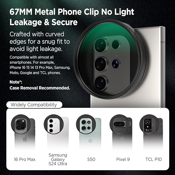 67mm CPL Filter for Phone, AR-Coated Polarizing Lens with Metal Cold Shoe Phone Clip, Circular Polarizer Filter Compatible with iPhone 16 15 14 Pro Max Plus Samsung Galaxy Moto Google TCL DSLR Cameras