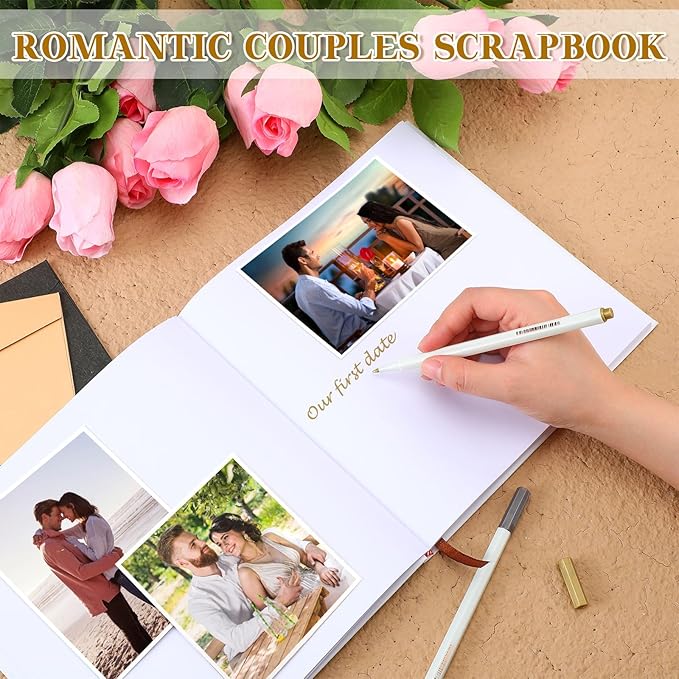 Colarr Hardcover Couples Scrapbook 144 Pages 8.7 x 8.7" Couples Photo Album Scrapbook Journal for 1 Year Wedding Memory Anniversary Photo Book Gift with 2 Markers(White,Memories of Us)