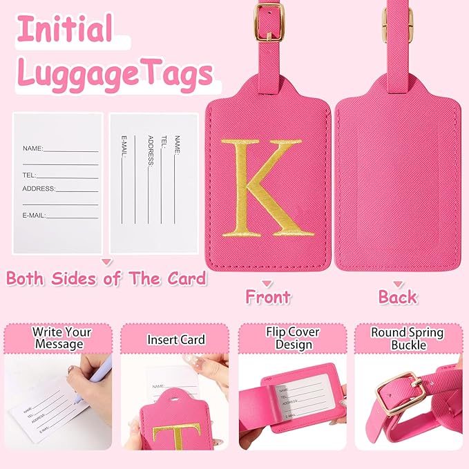 Personalized Initial Luggage Tags for Suitcases, Cute PU Leather Embroidered Letter Travel Luggage Tags, Suitcase Identifier Name Baggage Tag, Bag Tags for Men Women Kids Luggage Handbags(Rosered K)