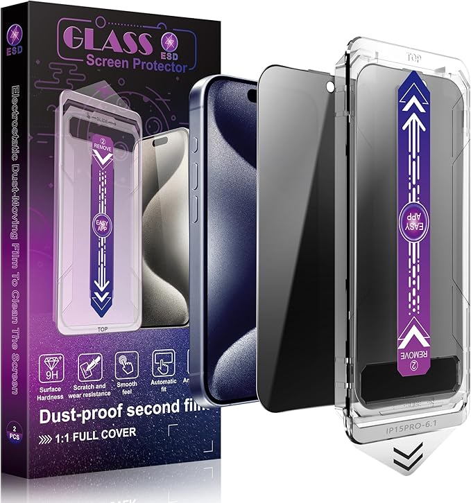 SHANG PIN JIA 2 Pack Privacy Screen Protector for iPhone 15 Pro 6.1-Inch Auto Dust Removal, No Bubbles,Anti-Spy Tempered Glass Film, Easy Installation