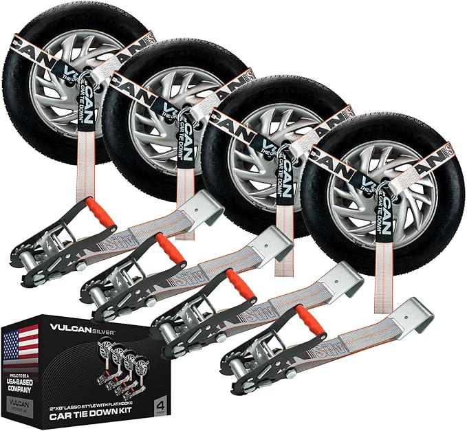 VULCAN Car Tie Down with Flat Hooks - Lasso Style - 2 Inch x 96 Inch - 4 Pack - Silver Series - 3,300 Pound Safe Working Load