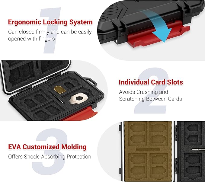 22 Slots SD MicroSD Memory Card Case, IP67 Waterproof Anti-Shock Memory Card Holder for 8 SD SDHC SDXC Cards, 12 MicroSD TF MSD Cards, 2 Nano SIM Storage Carrying Case - Black