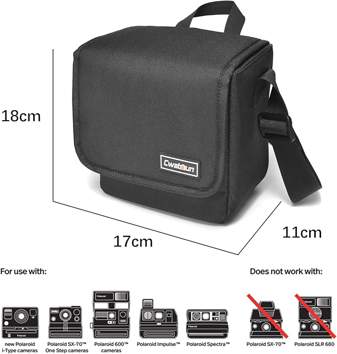 Cwatcun Polaroid Camera Bag, Travel Carrying Camera Shoulder Bag Case, Now I-Type Instant Film, Polaroid 600 Film Camera, Black
