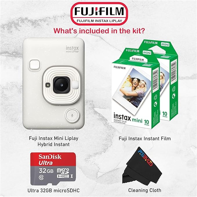 Fujifilm Mini LiPlay Hybrid Instant Camera with Mini Film, 32GB microSD Card, Charging Cable, Hand Strap and Pixibytes Microfiber Cleaning Cloth... (Misty White + 40 Sheets)