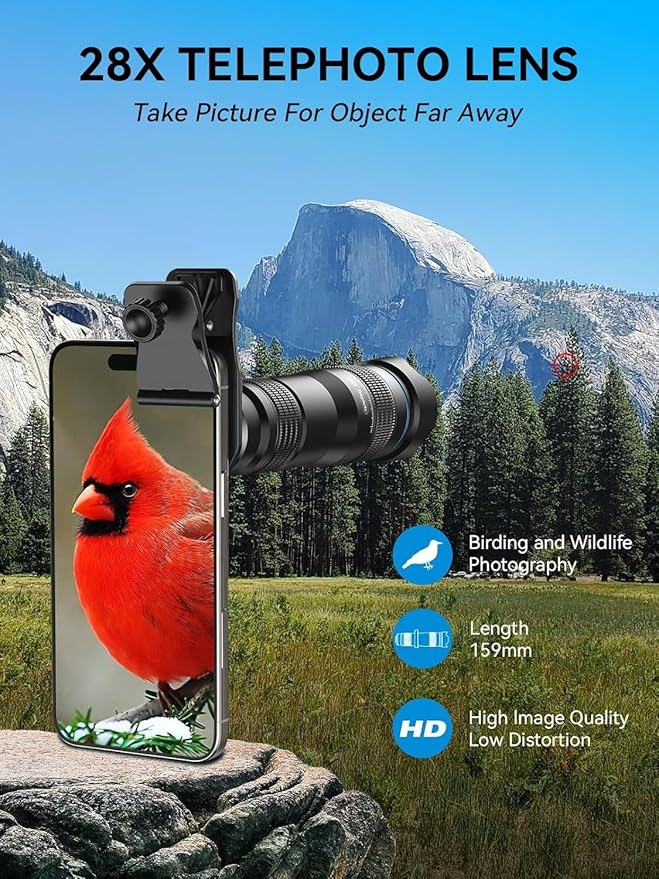 MIAO LAB 28X HD Telephoto Lens for iPhone/Samsung/Android, High Power Telephoto Camera Lens with Universal Clip Compatibility Most Smartphone