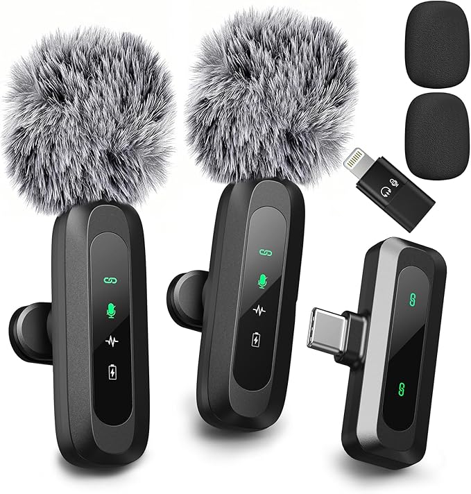 Wireless Lavalier Microphone for iPhone, iPad, USB-C, 2 PCS Tiny Lapel Mic with Adapter, Bluetooth TikTok, Social Media Microphones for Vlogging, Recording Filming Blogger