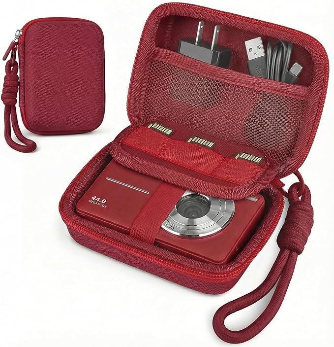 Digital Camera Case for CAMKORY/KODAK PIXPRO FZ45/FZ55/Canon IXUS 285 HS/AbergBest/Sony DSCW800/DSCW830 - Small Travel Compact Camera Holder with Mesh Pocket for SD Card & Accessories (Wine Red)