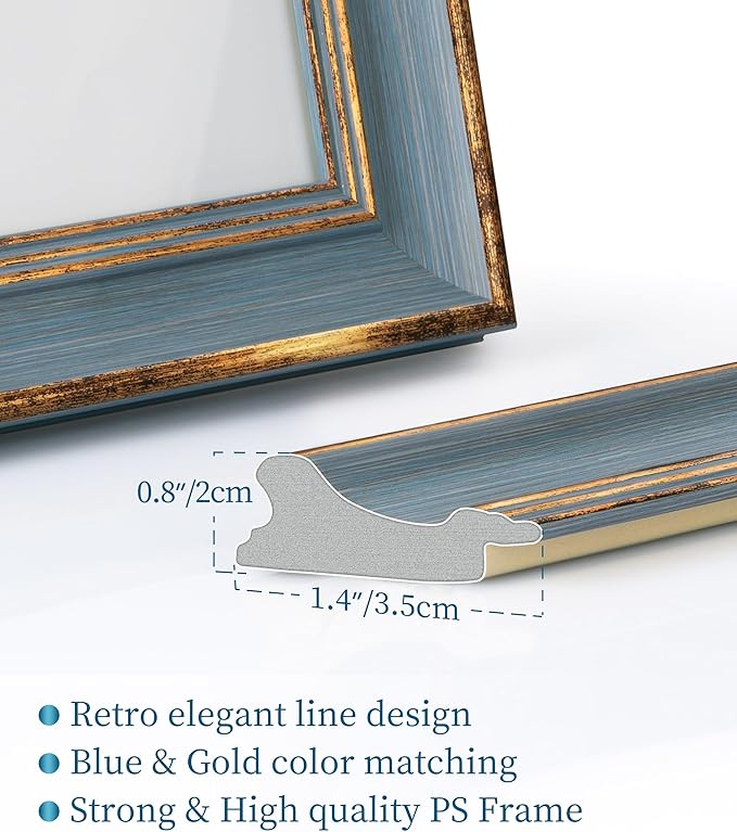 Afuly A4 Picture Frame Blue Gold Vintage Elegant Retro Antique Distressed Unique Wall Hang Desktop Photo Display Home Decor Anniversaries Birthday Gifts for Women Mom Grandma Parents