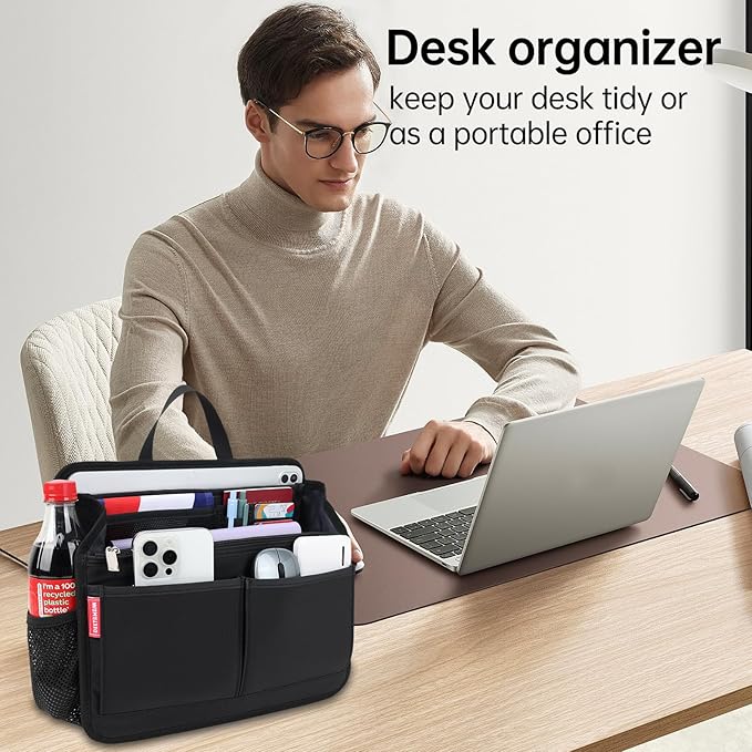 Small Rugged Organizer Insert for Briefcase Tote Shoulder Messenger Bag-19 Pockets,Durable Padded Nylon,Handle-Navy