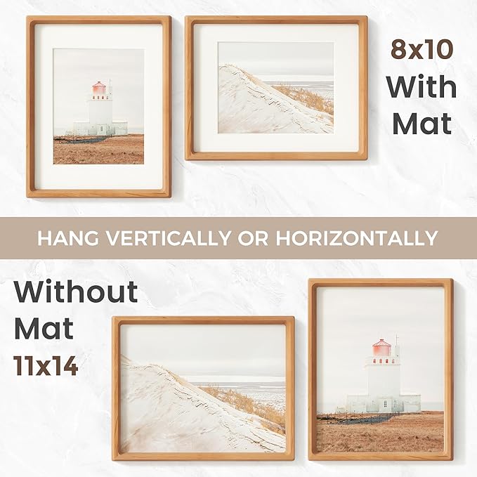 11x14 Picture Frame, USA-Sourced Natural Cherry Wood Photo Frame with Tempered Glass, Handcrafted Rounded Corner 11 x 14 Wooden Frame Matted to 8x10 Photos, Hanging Hooks Included