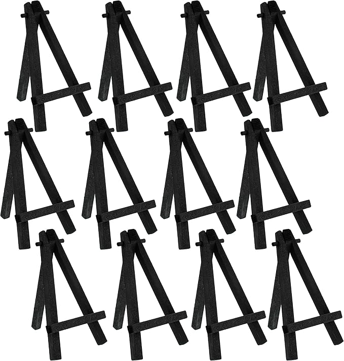 U.S. Art Supply 5" Mini Easel (12 Pack) - Black Wooden A-Frame Tabletop Display Stand, Mini Easel Stand - Small Easels for Display, Small Canvases, Crafts, Business Cards, Signs, Photos, Gifts