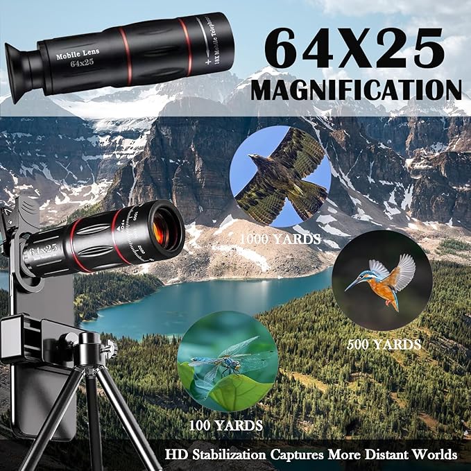 64X Zoom Mobile Phone Telephoto Lens with Tripod & Phone Clamp - HD FMC Monocular Lens for Long Distance Photography, Bird Watching, Sports & Vlogging (Universal Smartphone Lens)