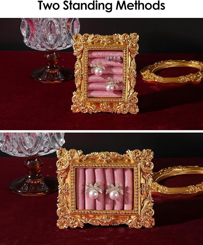 COOLYOUTH Vintage Ring Holder Ring Display Stand Frame Jewelry Organizer Velvet Tray for Jewelry (Medium-Pink)