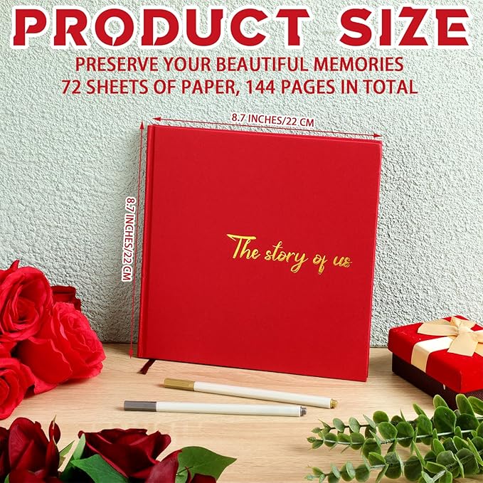 Colarr Hardcover Couples Scrapbook 144 Pages 8.7 x 8.7" Couples Photo Album Scrapbook Journal for 1 Year Wedding Memory Anniversary Photo Book Gift with 2 Markers(Red)