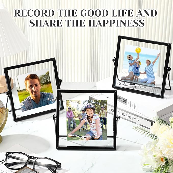 Hoteam 12 Pack 6 x 6 Inches Black Floating Frame for Photo 4 x 4 Inch Glass Floating Picture Frame Collection Vintage Metal Minimal Ornate Easel for Wedding Gift Pictures Photos Desk Tabletop Display