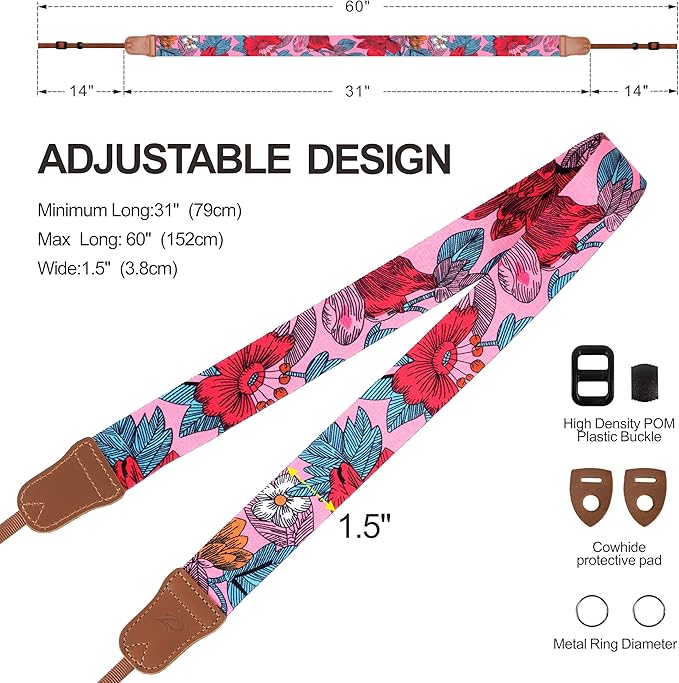 Padwa Lifestyle Camera Strap - 1.5" Soft Nylon Print Crazy Horse Cowhide Head Camera Straps for Photographers and All Cameras,Cute Adjustable Vintage Woven Strap for Adults & Kids(Flower Heart Pink)