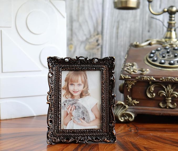 Hymmah 2.5 * 3.5Inch Mini Wallet Picture Frame Vintage Photo Frame Ornate Textured Hand-Crafted Resin Frame with Easel&Hook for Tabletop&Wall Display,Photo Gallery,Art
