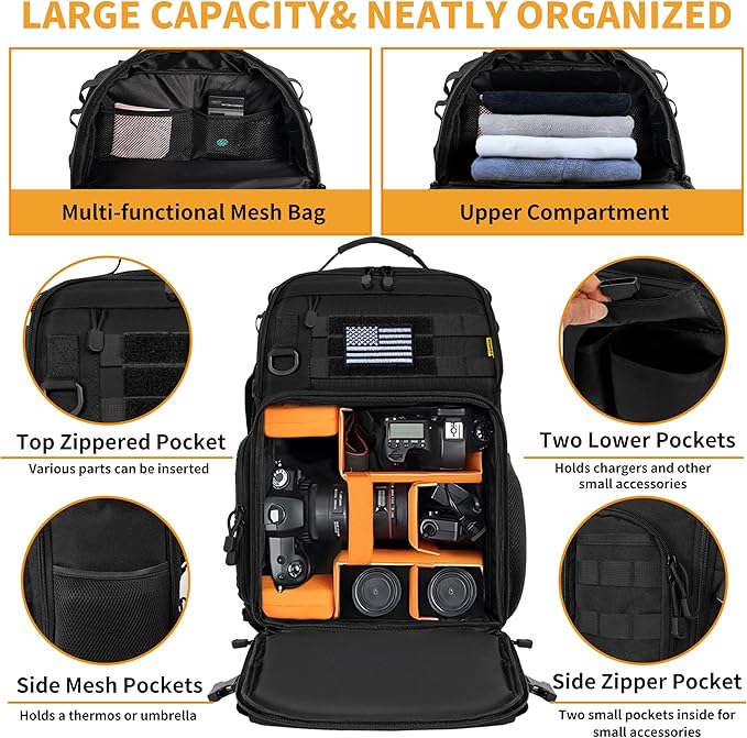 TORIBIO Camera Backpack for DSLR/SLR/Mirrorless Photography Camera, Water-resistant Tactical Camera Travel Bag Backpack Case with 15.6" Laptop Compartment, Tripod Holder