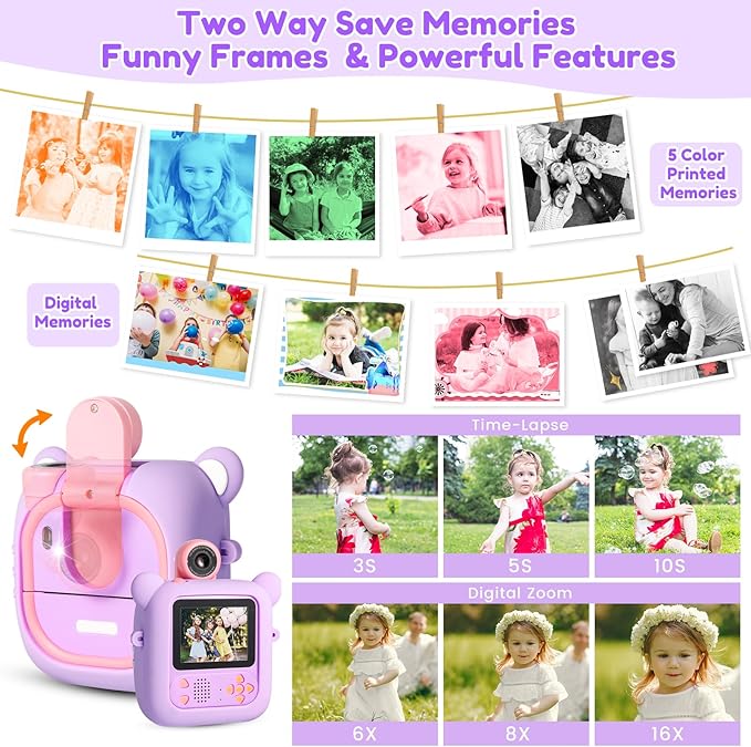 Kids Camera Instant Print, 7 Print Paper (4 Color: O/R/G/B+3 B&W), 2.4" Screen Instant Camera for Kids Ages 3-12,1080P, 180°Flip Lens,32GB Card- Christmas Birthday Present for Boys & Girls,M2