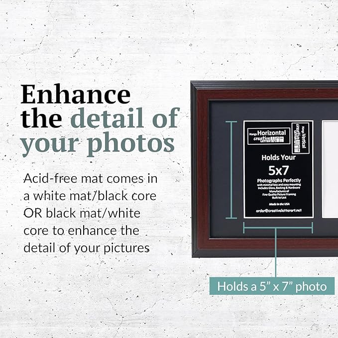 Creative Letter Art 5 Opening Mahogany Picture Frame with Glass to hold 5 by 7 inch Photographs including 10x32-inch Black Mat Collage