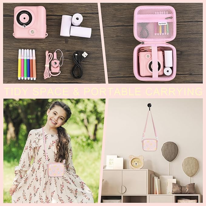 Kids Instant Print Camera Case Compatible with Dylanto/Gofunly/DUDUDRAGON/ESOXOFFORE Kids Camera, Prints Paper Water Color Pen Storage Case Birthday Gift
