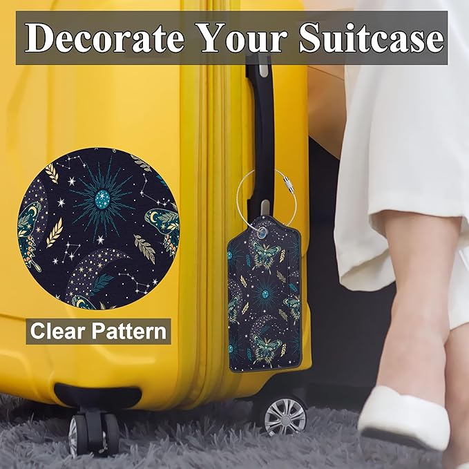 Boho Magic Space Elements Stars 2 Pack PU Leather Luggage Tags with Stainless Steel Loop, Funny Butterflies Travel Labels with Privacy Cover ID Label for Quick Spotting
