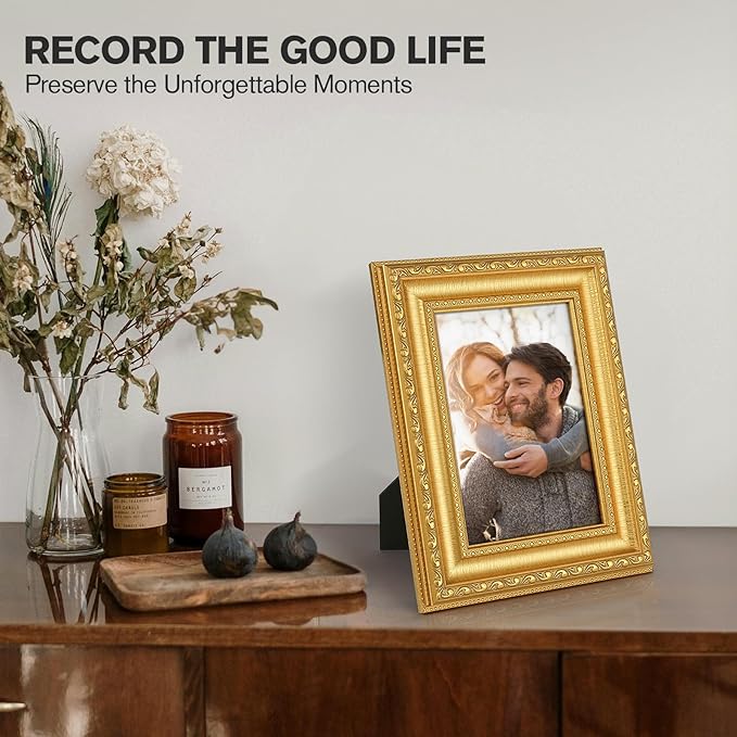5x7 Gold Picture Frames Set of 2, Ornate Vintage 5 x 7 Photo Frames for Wall Decor or Tabletop Display,5 x 7 Gold Frame with Real Glass, Display 4x6 Pictures with Mat or 5x7 without Mat for Antique Déco