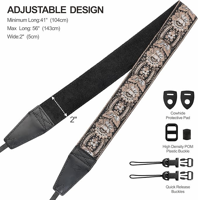 Padwa Lifestyle Camera Strap - 2" Full Grain Leather Ends Camera Straps for Photographers, Vintage Embroidered Cotton Weave Soft Suede Fabric Padded Strap Quick Release fits All Cameras