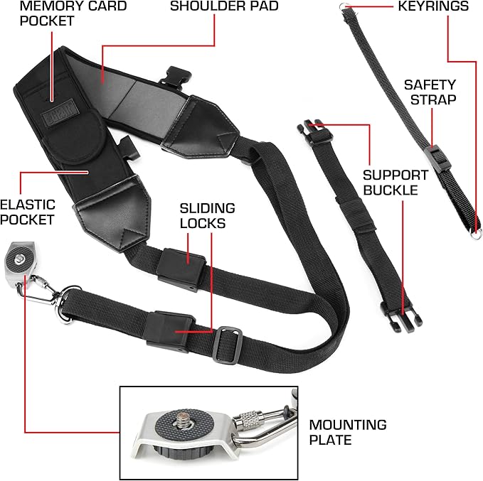 USA Gear Camera Sling Shoulder Strap with Adjustable Neoprene, Safety Tether, Accessory Pocket, Quick Release Buckle - Compatible with Canon, Nikon, Sony and More DSLR and Mirrorless Cameras (Black)