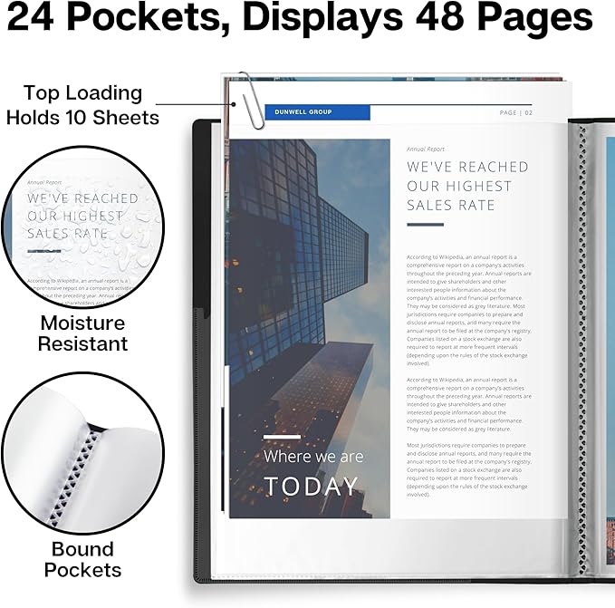 Dunwell Presentation Binder 24-Pocket, Displays 48 Pages, 8.5x11 Portfolio Binder with Plastic Sleeves, Storage and Organizer for Documents, Certificates, Projects, Photos (12 Pack, Black)