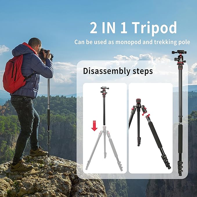 77" Camera Tripod,Foldable Lightweight Aluminum Tripod & Monopod with 360 Degree Ball Head Load Capacity 8kg/17.6lbs for DSLR Cameras Canon Nikon Binoculars Laser Telescope(Red)