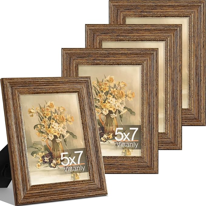 Vittanly 5x7 Picture Frame Set of 4, Vintage Photo Frame for Wall or Tabletop, Display 5x7 Pictures, Rustic Farmhouse Home Decor, Walnut