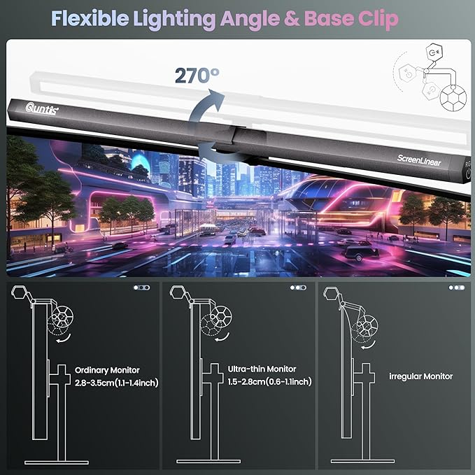 Quntis Monitor Light RGB Backlight, Eye-Care Computer Lights Bar Gaming Office Desk Lamp, 15 Modes Backlight, 3 Color Temperature & Brightness Dimmable Front Light, Ra95 Screen No Glare Monitor Lamp
