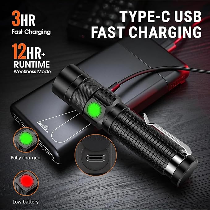 Pocket EDC Flashlight Rechargeable - 4.9inch & Emergency One Click SOS, Super Bright Small LED Flashlight 3Hr USB-C Fast Charging, Waterproof Portable Small EDC Flashlight for Home, Camping, Hiking