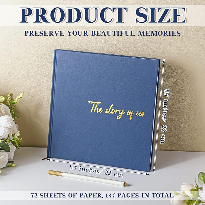 Colarr Hardcover Couples Scrapbook 144 Pages 8.7 x 8.7" Couples Photo Album Scrapbook Journal for 1 Year Wedding Memory Anniversary Photo Book Gift with 2 Markers(Navy Blue,the Story of Us)