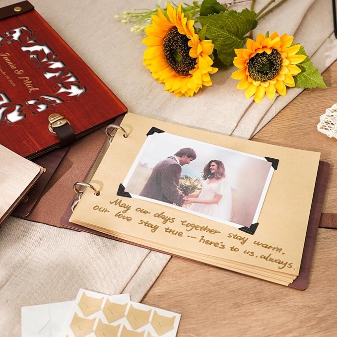 Custom Wedding Scrapbook Album, Personalized Wooden Wedding Photo Albums Hollow Carved Flowers and Engraved Names, Couples Scrapbook Anniversary Memory Birthday Engagement Keepsake Gifts