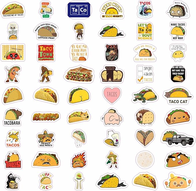 BulbaCraft 100Pcs Funny Taco Stickers and Decals for Adults, Taco Party Decorations, Gifts for Women & Men