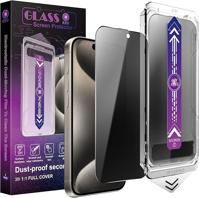 CHISHA 2-Pack Privacy Screen Protector for iPhone 16 Pro 6.3-Inch, Auto Dust Removal, No Bubbles,Anti-Spy Tempered Glass Film, Easy Installation