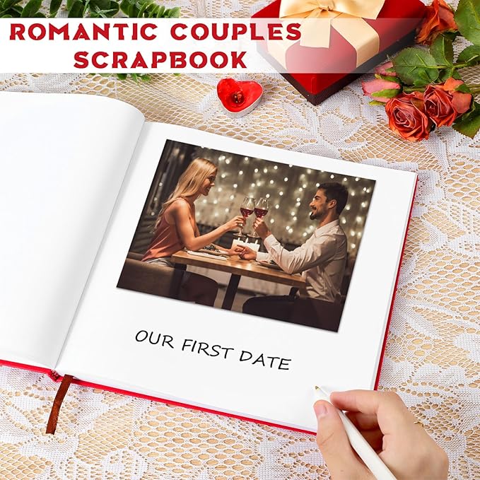 Colarr Hardcover Couples Scrapbook 144 Pages 8.7 x 8.7" Couples Photo Album Scrapbook Journal for 1 Year Wedding Memory Anniversary Photo Book Gift with 2 Markers(Red)