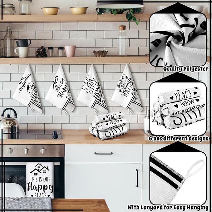 Preboun 6 Pcs New Home Beginning Kitchen Towels Black and White Hand Dish Towels Home Sweet New Memories This is Our Happy Place Bless Housewarming Gifts for Neighbor Friend