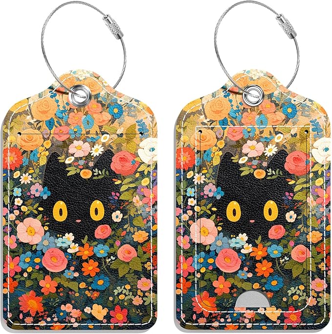 Luggage Tags for Suitcase, 2 Pack PU Leather Travel Cruise Luggage Tag with Privacy Flap, Name ID Label and Metal Loop for Women Men Girls Suitcase Baggage Bag Backpack, Kitten Flowers