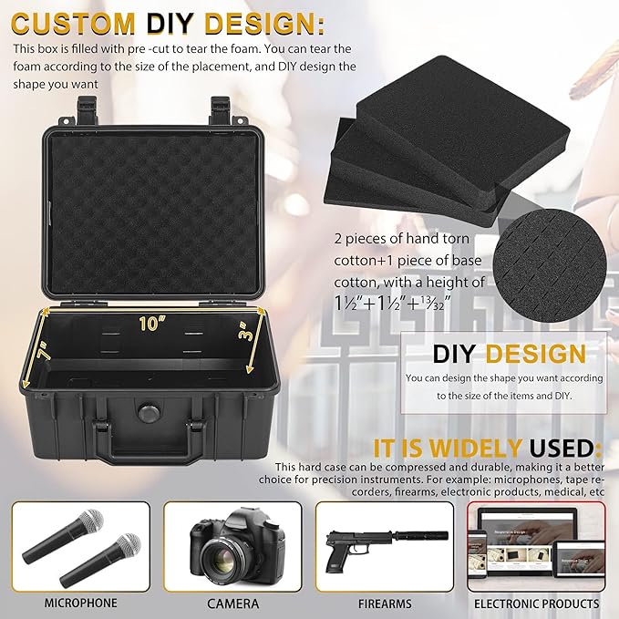ITHWIU Protective Hard Case Shockproof Water-resistant with Customized DIY Foam Insert fit for Camera, etc, 11 X 9.5 X 5-Inch