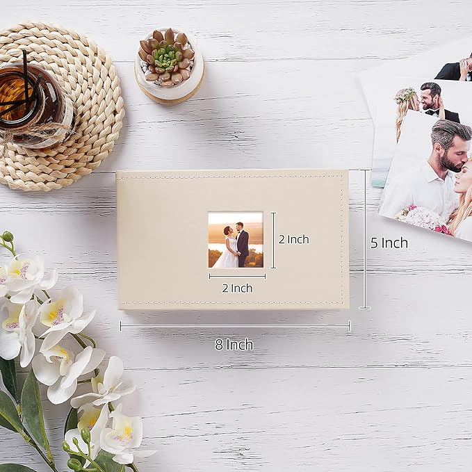 potricher Small Photo Album 4x6 100 Photos Leather Cover Picture Book with 100 Horizontal Pockets for Family Wedding Anniversary and Baby (Beige)