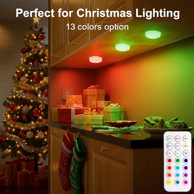 BLS LED Puck Lights with Remote Control, RGB 13 Color Changing Under Cabinet Lighting Wireless, AA Battery Operated Night Light, Push Stick on Lights for Closet, Kitchen, Wall, Dimmer & Timer, 2 Pack