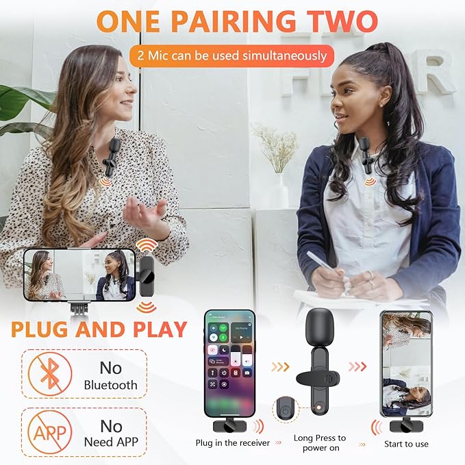 Wireless Lavalier Microphone for iPhone/iPad/Android Phone, Professional Mini Microphone Plug-Play Wireless Mic for Interview Video Podcast YouTube TikTok
