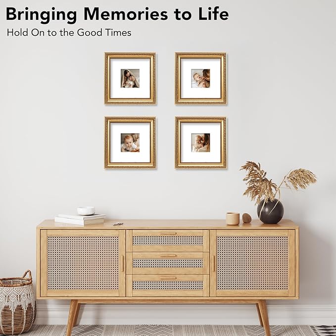 8x8 Vintage Picture Frame with 4x4 Mat Set of 2, Elegant Retro 8 by 8 Photo Frame with Shatter-Resistant Plexiglass for Wall or Tabletop Display, Gallery Decor & Gift, Gold, 2 Pack