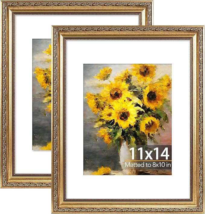 11x14 Vintage Picture Frame with 8x10 Mat Set of 2, Elegant Retro 11 by 14 Photo Frame with Shatter-Resistant Plexiglass for Wall Hanging, Gallery Decor & Gift, Gold, 2 Pack