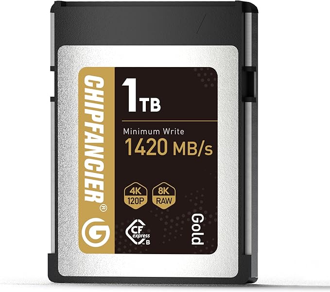 CHIPFANCIER CFexpress 2.0 Type B 968GB Memory Card Up to 1750MB/s Read 1420MB/s Write-Raw 8K Video Recording Compatible with Nikon D5/D6/Z7/Z9 Panasonic Canon EOS DJ for Photographers Gold