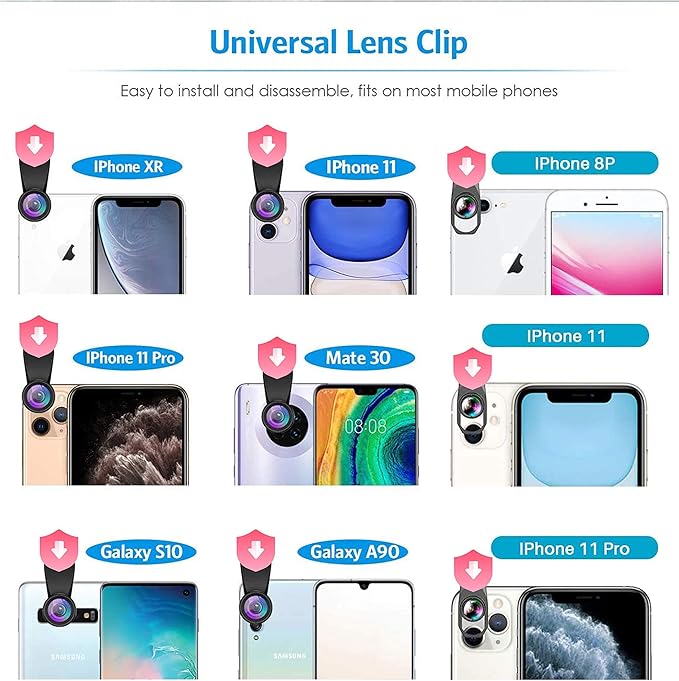 Cell Phone Camera Lens Kit,11 in 1 Universal 20x Telephoto 0.63Wide Angle 15X Macro 198°Fisheye 2X Telephoto Kaleidoscope CPL Starlight Eyemask Tripod,for Most iPhone Smartphone (Black)