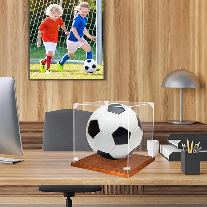 Clear Acrylic Soccer Ball Display Case with Wood Base & Tee, Memorabilia Stand Cube Holder, Dust Protection Transparent Storage Box for Single Ball Souvenir Soccer Ball Collections